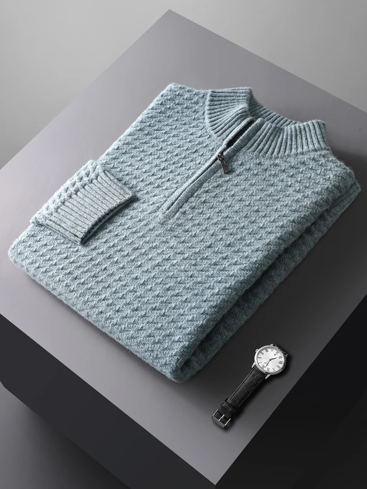 Men's Jacquard  Zipper Pullover Autumn Winter Thick Smart Casual Sweater 100% Merino Wool Knitwear Solid Colo Warm Soft Tops