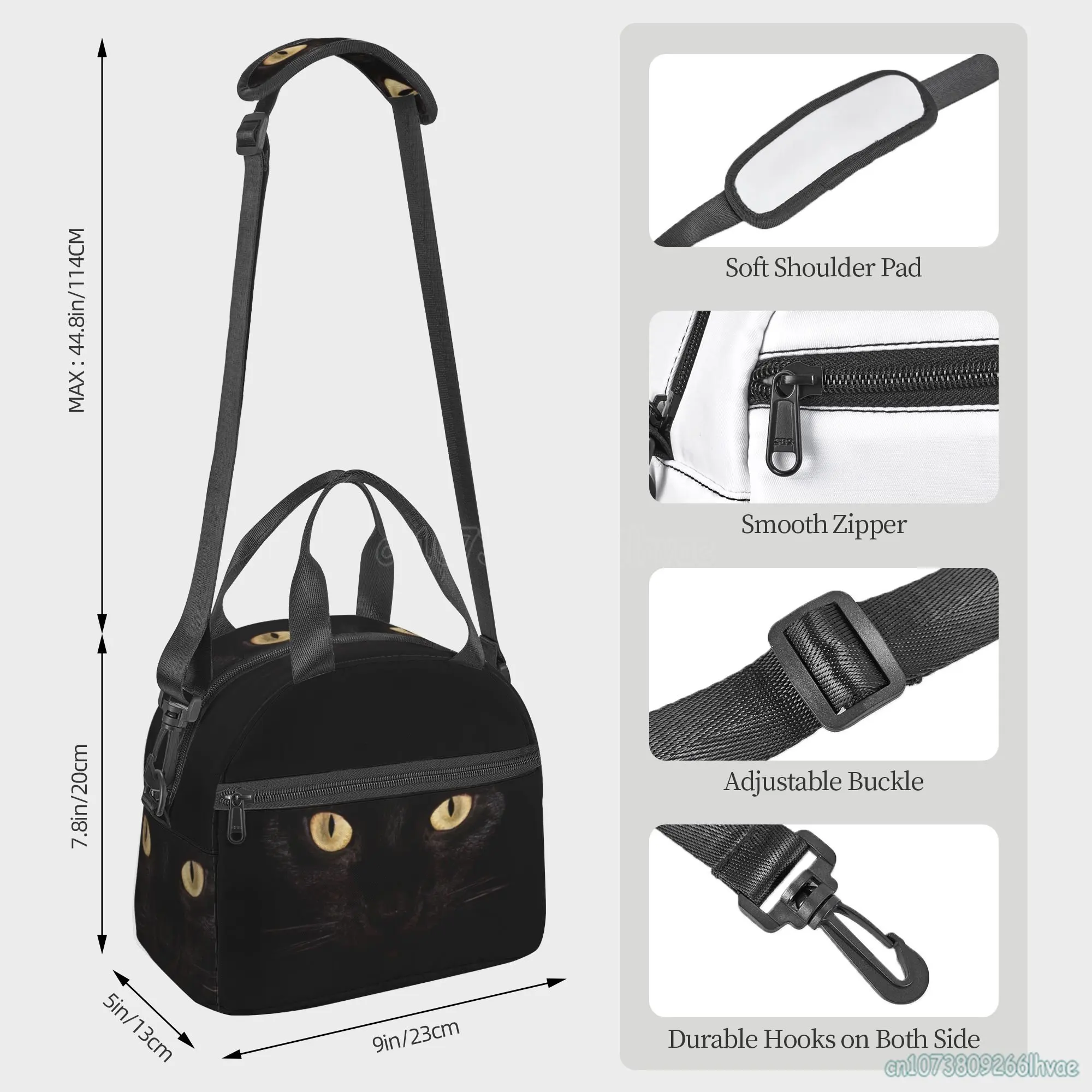 Black Cat Eyes Insulated Lunch Bag for Women Girls Thermal Lunch Box with Shoulder Strap Resuable Bento Food Bag for Work Picnic