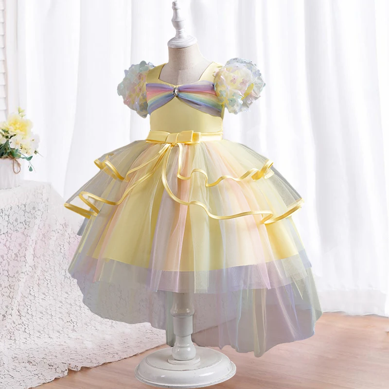 Vestido de menina bordado de renda, vestidos infantis para casamentos, vestido de aniversário infantil, botão, manga puff, vestido de gala