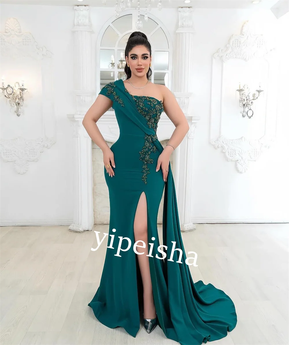 Jersey Beading Pleat Formal Evening A-line One-shoulder Bespoke Occasion Gown Long Dresses