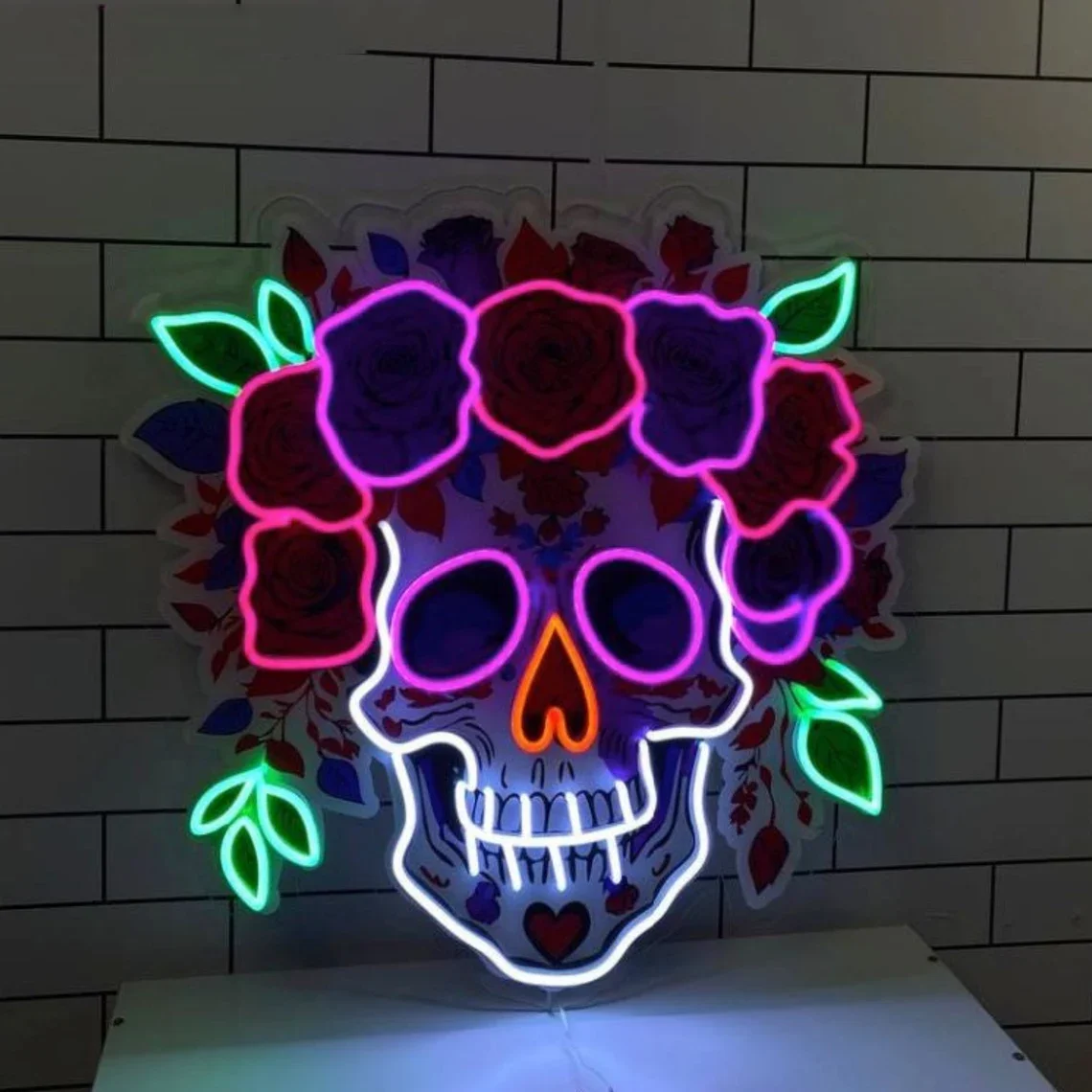 Skull Flower UV Print Neon Sign, Floral Sugar Skull Neon Sign, Skull Wall Decor, Skull Lover, Gifts For Her