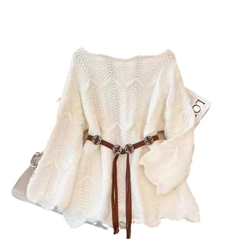 

Spring New Hollow Knit Sweater Long Sleeve Loose Fit with Belt Waist Slimming Outerwear for Women Japanese Korean Style