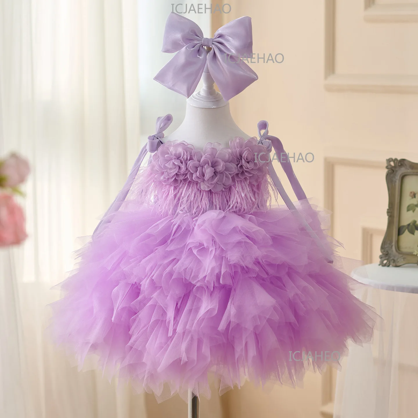 Vestido de Princesa em Tule para Meninas, Vestido Formal Super Fofo com Flores 3D e Franjas para o Primeiro Aniversário, Fantasia 2026