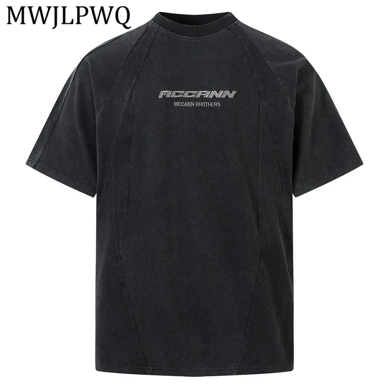 

MWJLPWQ American Retro High Street Cleanfit Embroidery Short-Sleeve T-Shirt Men's Heavyweight Loose Casual Washed Top Ins 16005