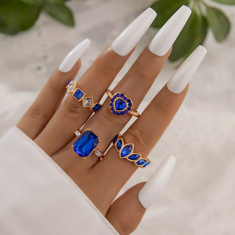 Tocona Simple Irregular Geometric Crystal Stone Joint Ring Set for Women Vintage Alloy Brink Ring Four Pieces Set кольцо 23643