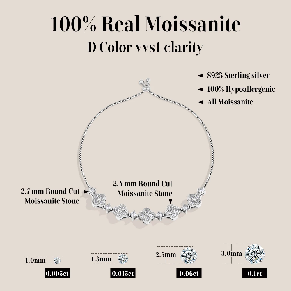 ATTAGEMS Stars Design Moissanite Bracelets For Women S925 Sterling Silver Adjustable 24cm Box Chain Lucky Birthday Gifts Jewelry