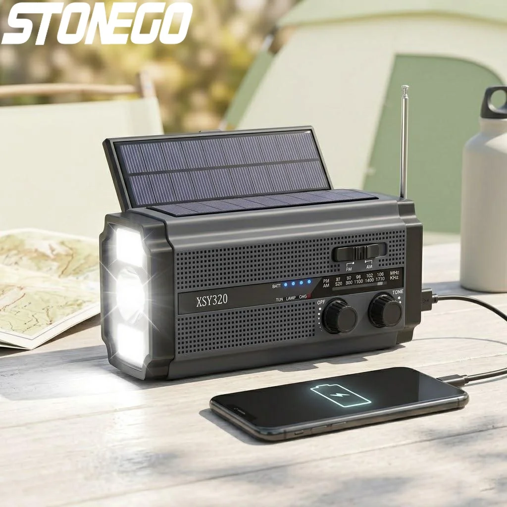 

Солнечное аварийное радио AM/FM с перезаряжаемой LED-лампой, 5000 мАч, сигнализация SOS, портативная колонка для кемпинга, походов и активного отдыха