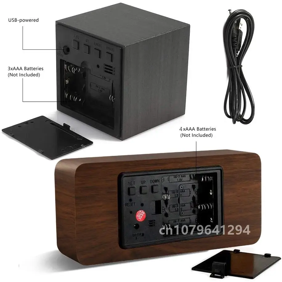 Wooden Digital Clock Multi-function LED Alarm Clock with Time/ Date/ Temperature Display and Voice Control for Home Office Trave