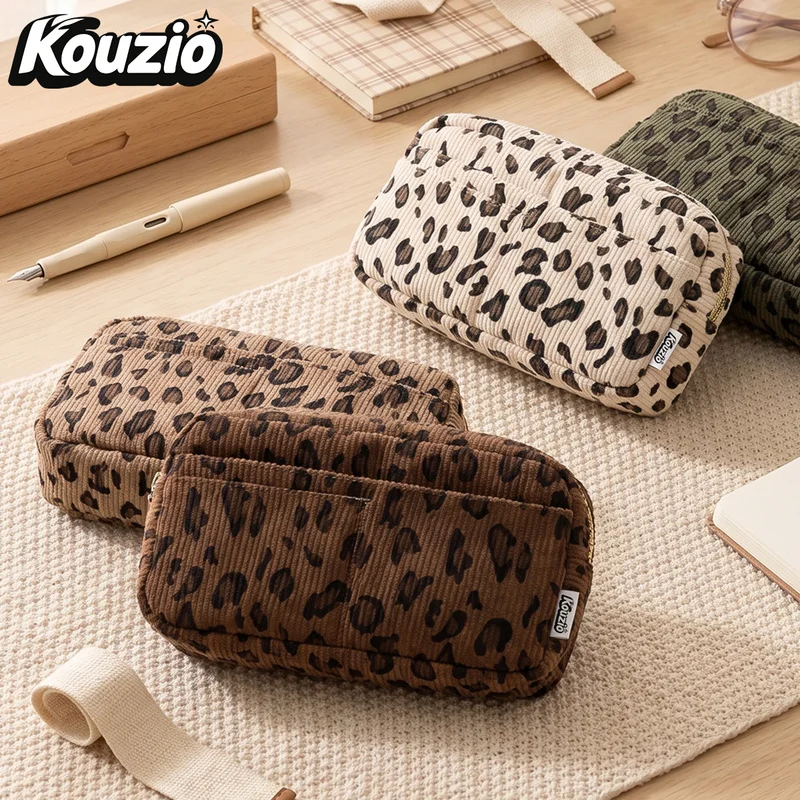 Kouzio Leopard Print Corduroy Double Zipper Makeup Bag with Front Pocket