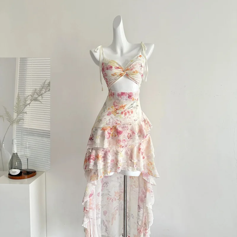 ฤดูร้อนผู้หญิงวันเกิดพรหมชุด Cami Midi Coquette ภาษาฝรั่งเศสคํา Vintage Hollow Out วันหยุด Frock ชุดราตรี One - Piece Party ความงาม