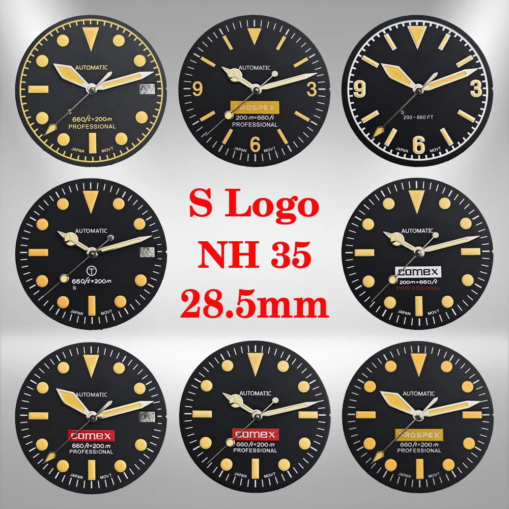 

Matte Black 28.5mm Retro Dial Watch with Green Luminous S Logo Japanese Automatic NH35/NH36/4R/7S Movement Watch Modification Ac