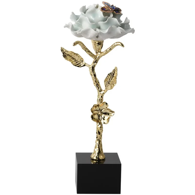 Creative gold metal flower branch butterfly desktop decorative arts and crafts light luxury blue ceramic rose decoration home