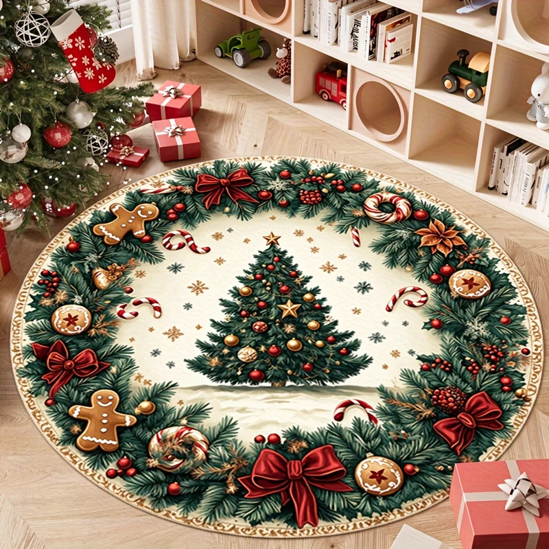 Christmas Tree with a Bow And Decorative  Round Mat - High-Quality Flannel, Machine  IndoorOutdoor Mat, Suitable for Entryways, Living Rooms, Bedrooms, Patios, Gardens - Mother's Day Gift, Wedding Gift, Easter Gift