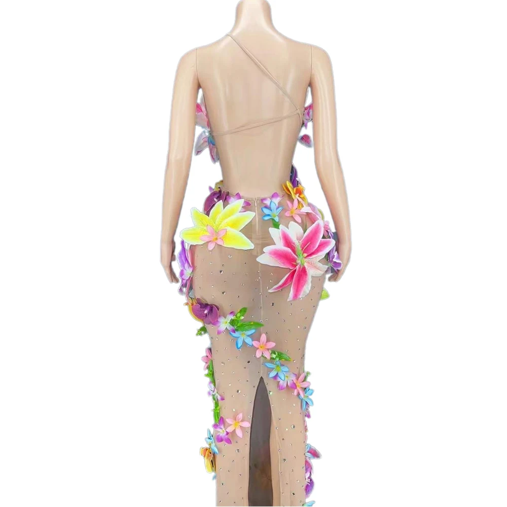 Nude Split Shining Rhinestones Sexy Floral Dress For Women Festival Carnival Drag Queen Outfits Party Club Clothing Stage Wear