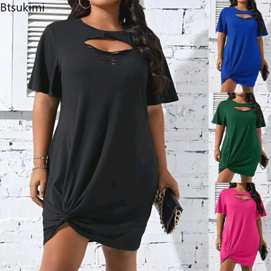 

2024 Women's Summer Casual Dress Oversized Hollowed Out Design Loose Dress for Fat Ladies Solid Large Size Dress Female Vestido