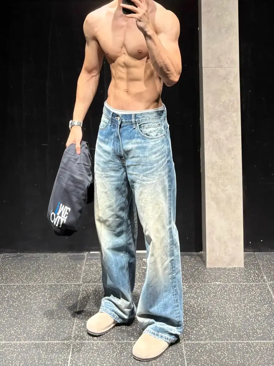 

American Style Casual Vintage Men's Jeans High Waist Distressed Denim Pants Straight Leg Durable Spring Summer Breathable