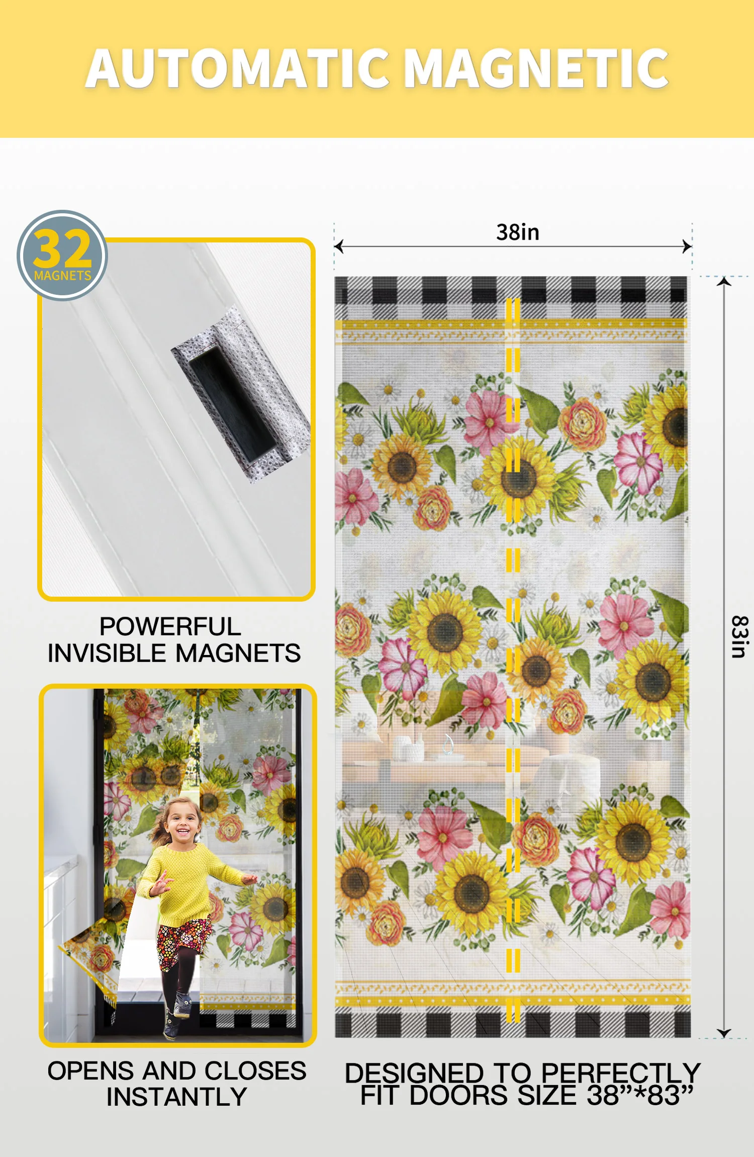 Pastoral Sunflower Plaid Summer Magnetic Mosquito Screen Door Curtain Kitchen Anti-Mosquito Window Screen