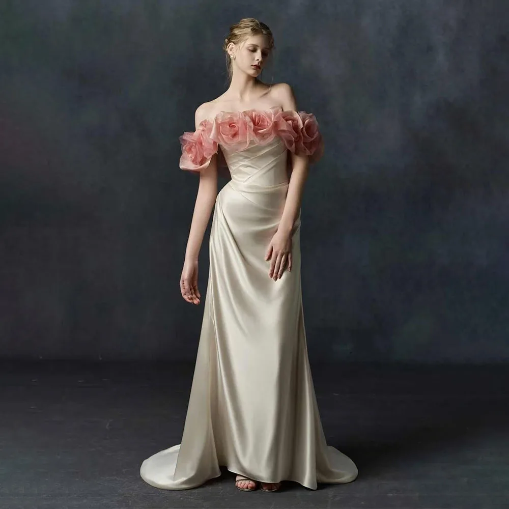 

High Quality Customized Floor Length Flowers Sweep Train Off Shoulder A-line Vestido De Festa De Casamento Evening Dresses שמלות