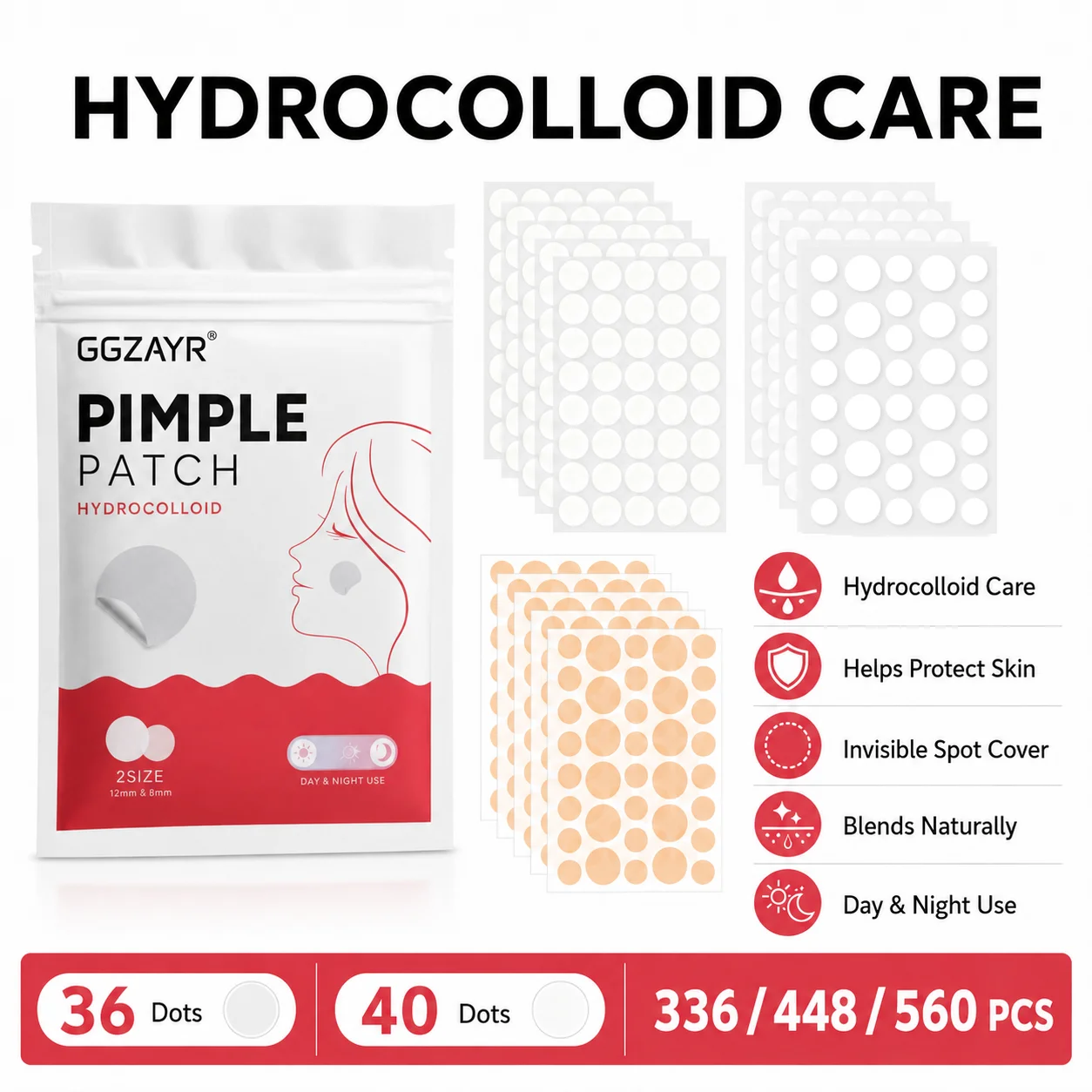 336/448/560pcs Hydrocolloid Pimple Patch Set, 3 Round Dot Styles, Invisible Day Night Spot Covers