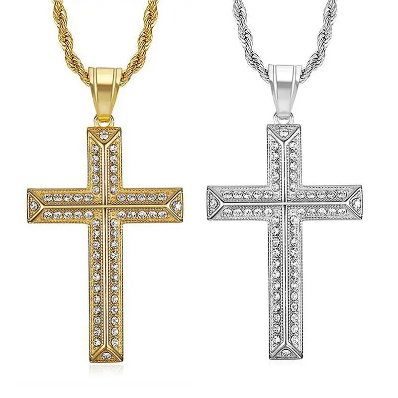 

Hip Hop CZ Stone Paved Bling Iced Out Gold Color Stainless Steel Cross Pendants Necklace for Men Christian Prayer Jewelry
