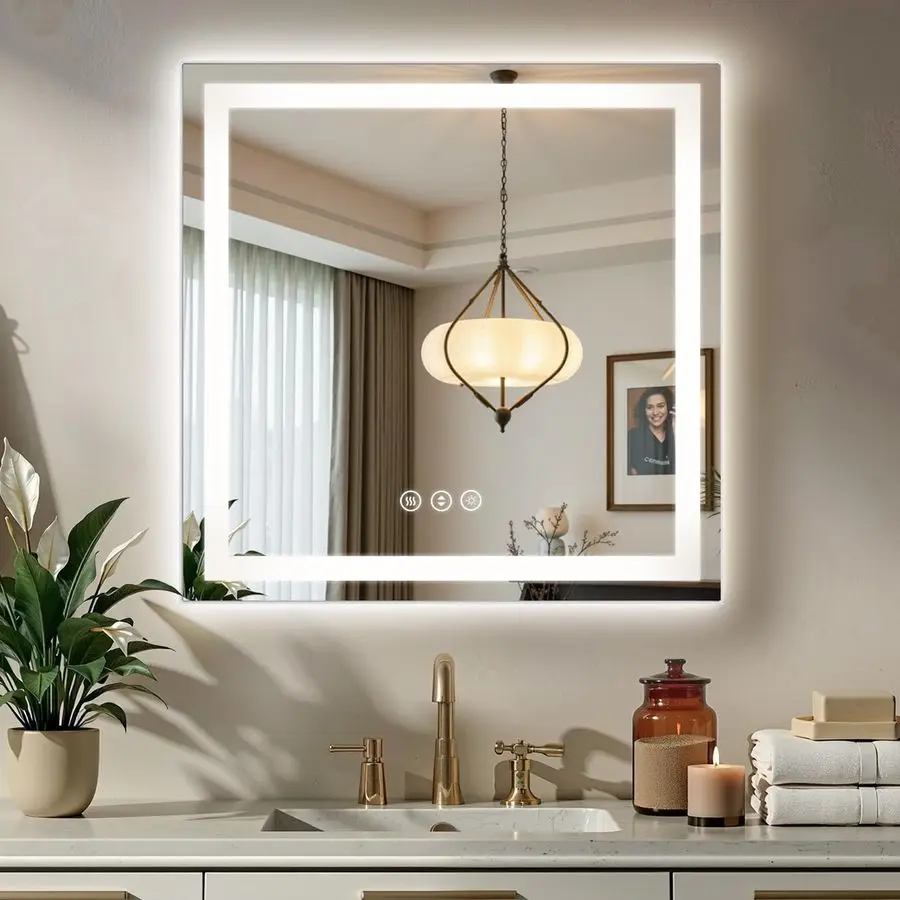 

Зеркало для ванной с LED-подсветкой, функцией антизапотевания, подсветкой сзади и сверху, CRI>90, настенное, с функцией памяти, D