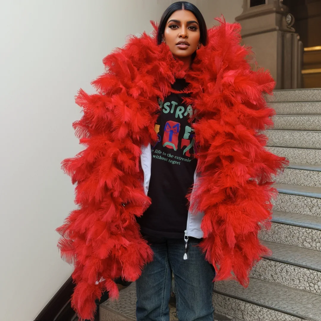 

Whole Ostrich Feather Boa Strip 2 Meters Customized 10-18cm White Red Ostrich Feathers for Crafts Large Shawl Scarf Soft Fluffy