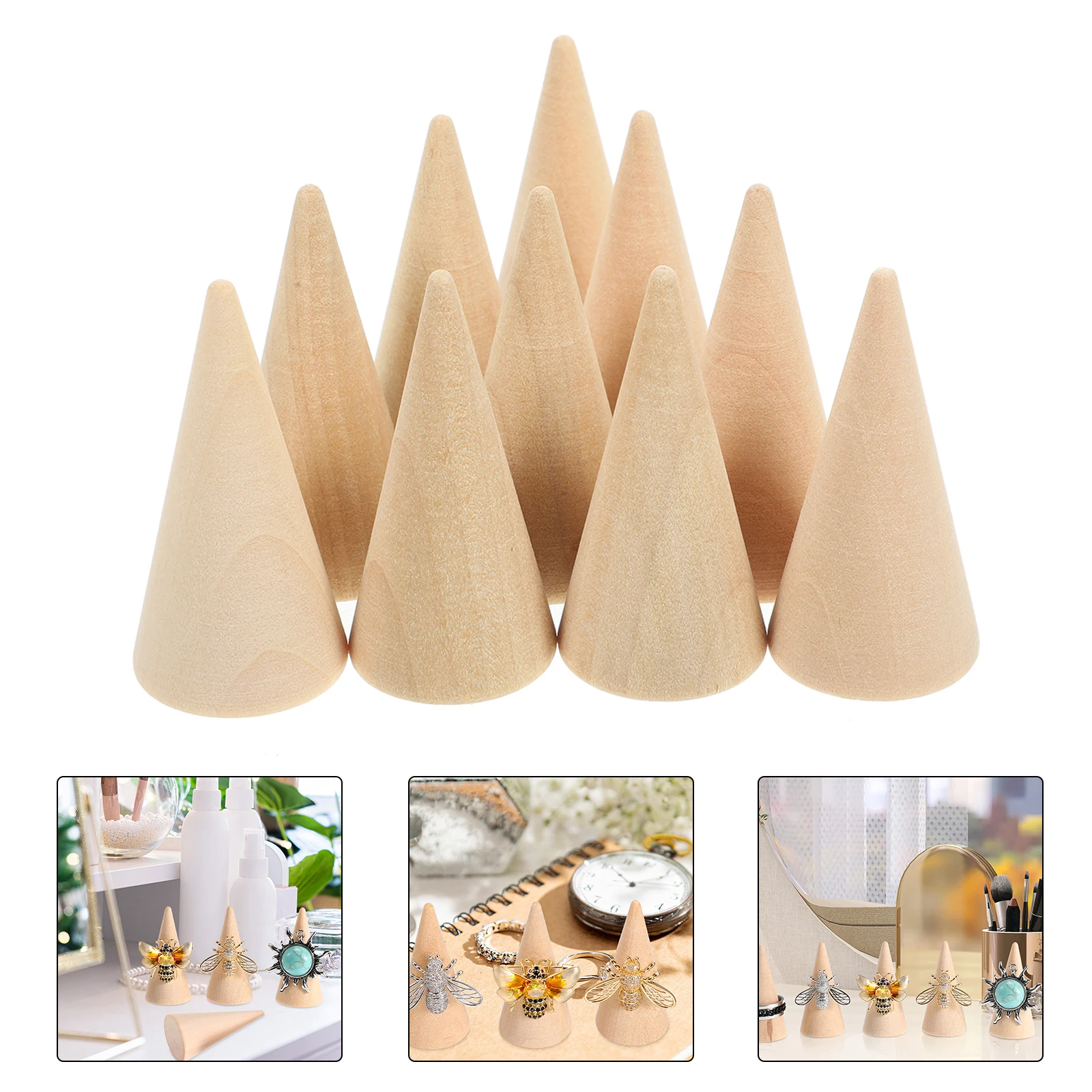 

10Pcs 2.5x5cm Wooden Cone Shape Craft Accessories Unfinished DIY Cones for Painting Decorating Ring Holder Display Stand