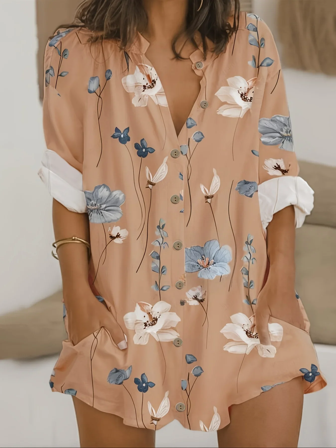 

Plus Size 1XL-5XL Women Fashion V-neck Long Sleeved Shirt Women's Floral Print Button-Down Shirt