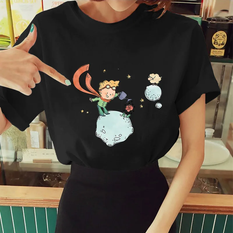 تي شيرت Little Prince ort Sve للسيدات فضفاض مناسب للصيف مطبوع عليه قماش ثي مشروط ملابس أوروبية Sle