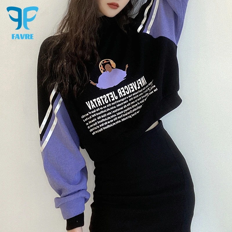 FAVRE High Collar Loose Crop Sweatshirts Women Fashion Letter Print Pullovers Ins Autumn Winter Europe and America Contrast Tops