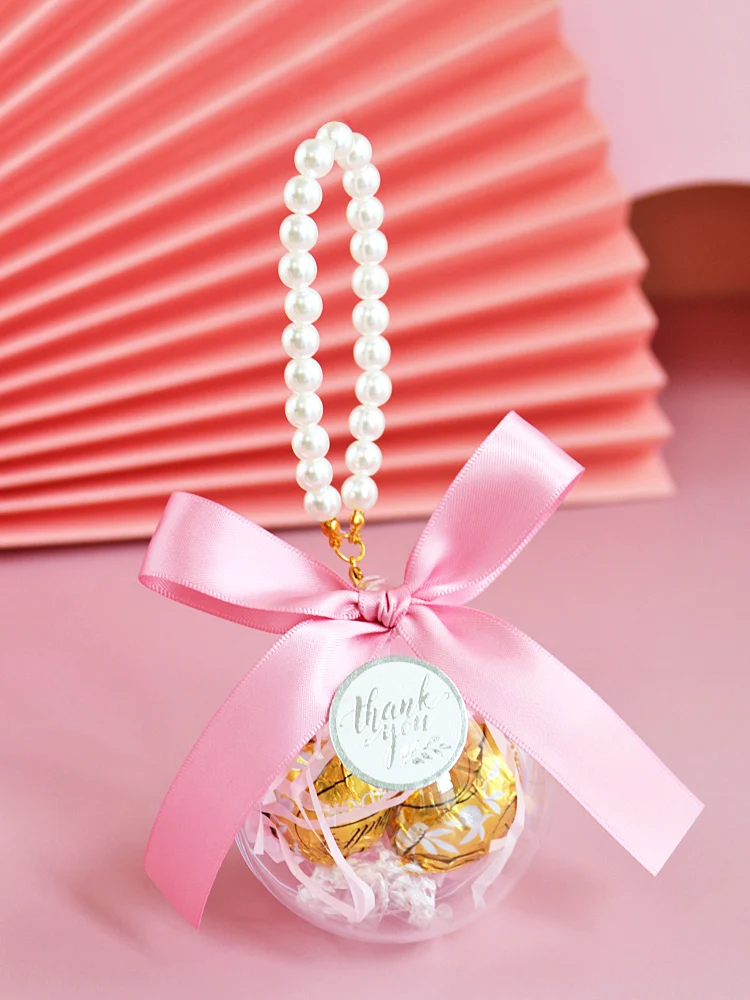 

Acrylic round Crystal Ball Gift Box with Pearl Bracelet Handles for Wedding Candy Bag Baby Shower Favors Elegant Party Packaging