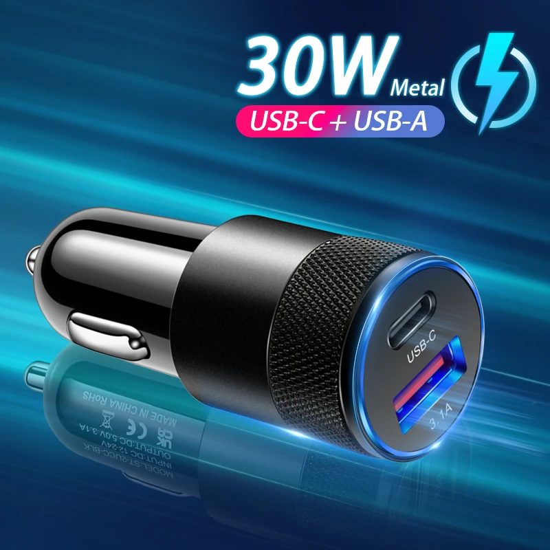 3.1A 15W Small Steel Cannon Car Charger Cigarette Lighter Dual USB Type C Fast Charging Car Mobile Phone Adapter Car Accessories