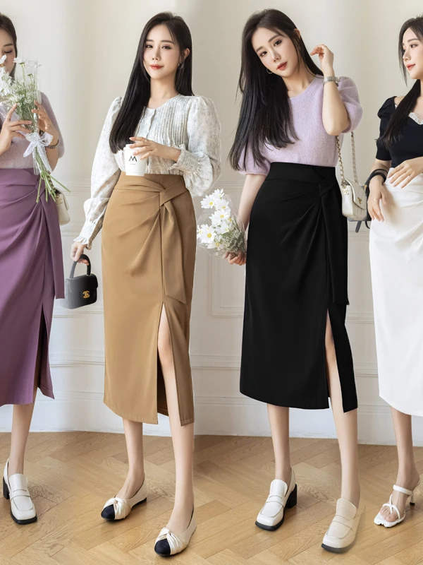 

Slimming High Waist Asymmetrical Slit Midi Skirt for Women Summer Loose Fit Belted Polyester Fiber OL Sle Commute Skirt