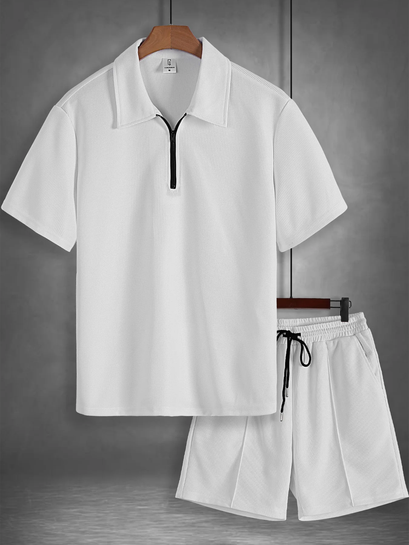 Men's White Waffle Knit Half Zip Polo Shirt Casual Set 2 Piece Lapel Collar Short Sleeve & Drawstring Shorts Outfit