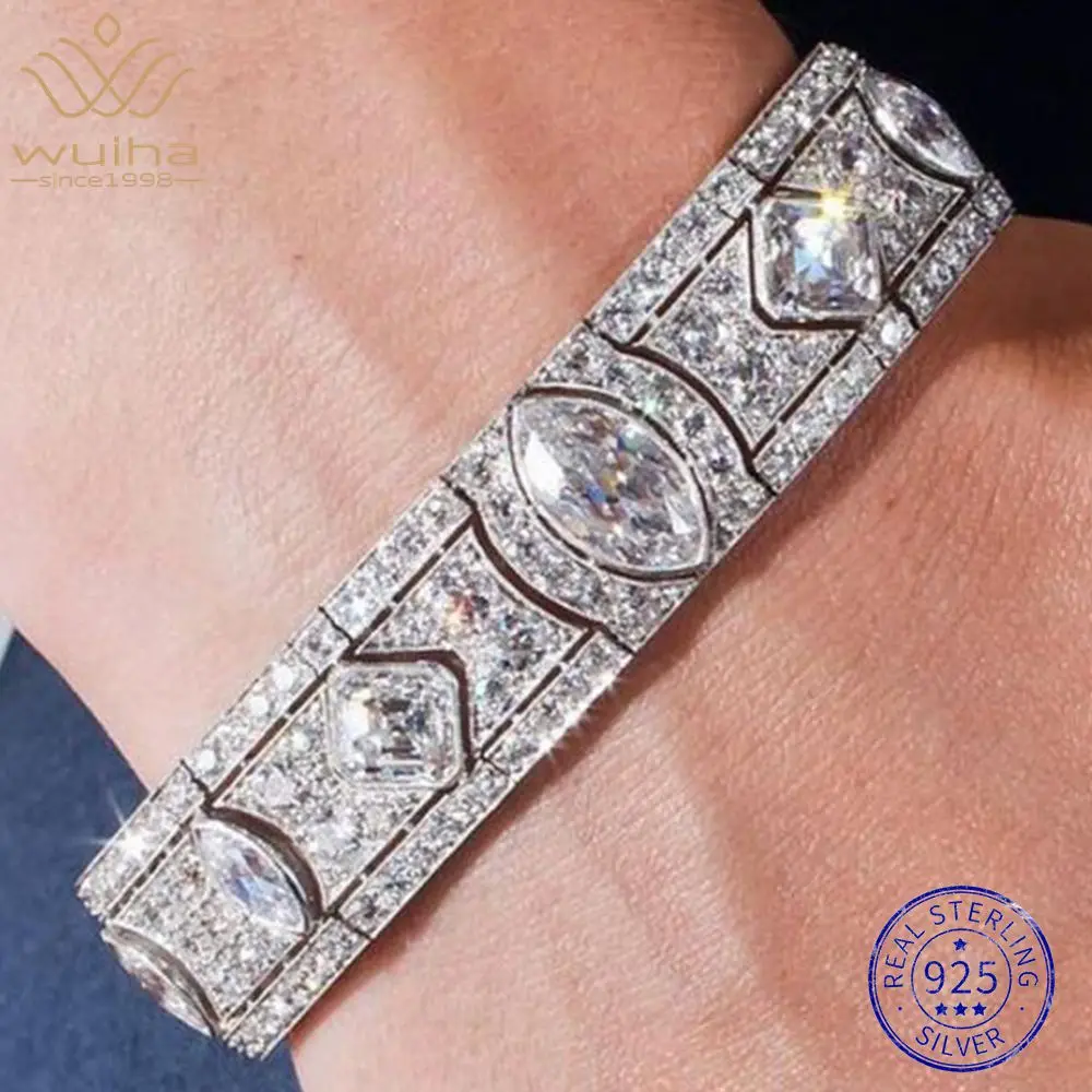 

WUIHA Vintage 925 Sterling Silver Lab Sapphire High Carbon Diamonds Gemstones Bracelet Bangle Cocktail Fine Jewelry Wholesale