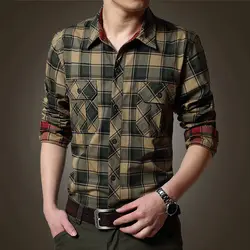 Spring Autumn New Vintage Military Men Cotton Shirt Long Sleeve Lapel Plaid Button Pocket Male Safari Style Casual Fashion Tops