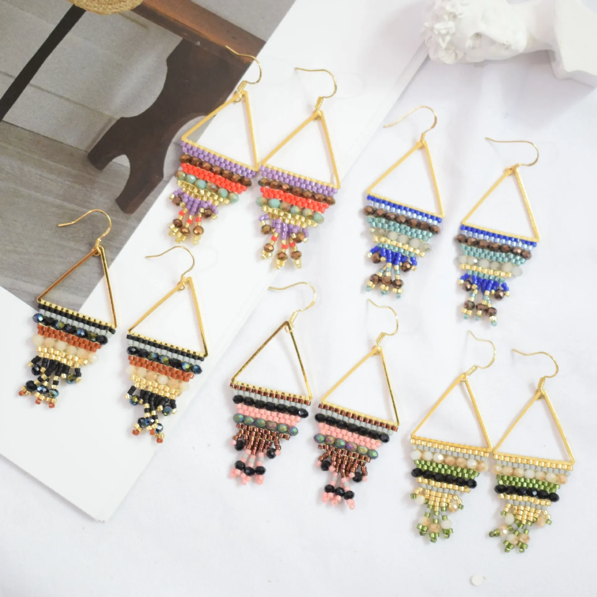 Rice bead earrings Triangle Tassel Tide Hand knitting Bohemia Crystal Simple Geometry Alloy Beaded earrings