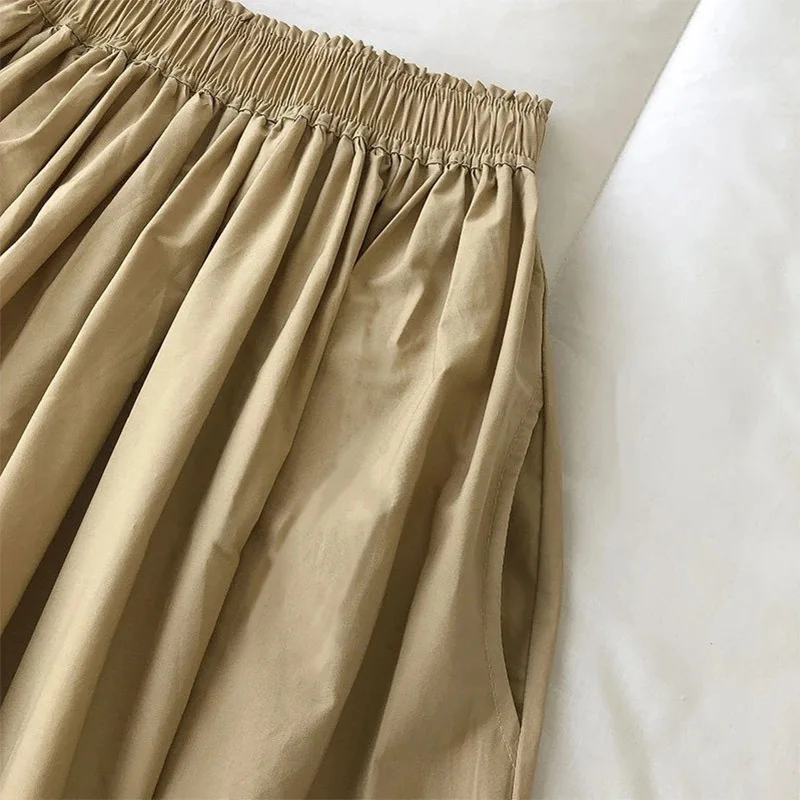 Women White Long Skirt Fashion Pockets Pleated Knee Length Skirts Autumn 2024 New Casual Elegant High Waist A Line Femme Skirts