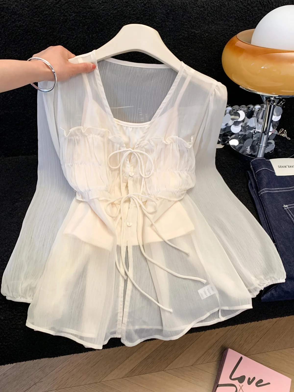 

Women's Long Sleeve Chiffon Shirt Thin Summer Outerwear with Halter Top V-Neck Button-Down Korean Style Loose Fit Daily Wear