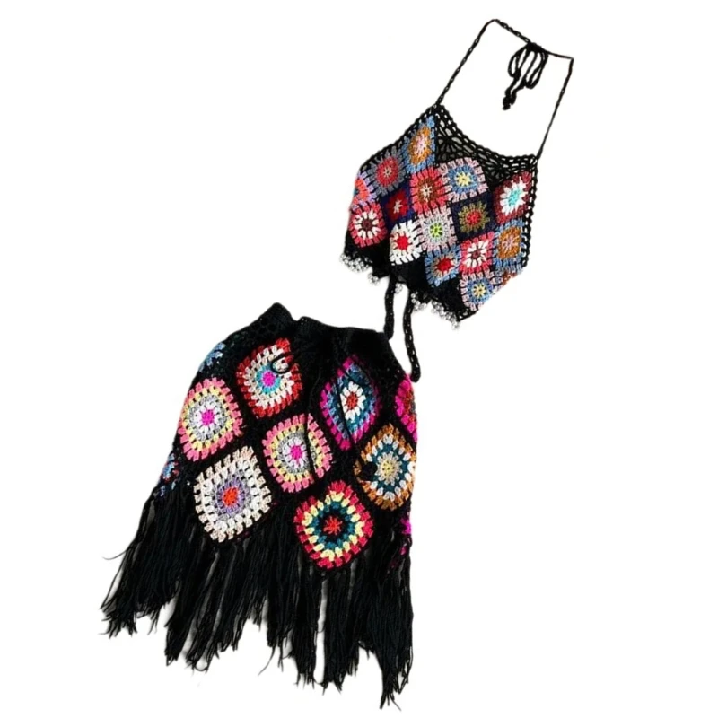 Halterneck Crochet Knit Top with Tassels Short Skirt Bohemian Outfit for Women