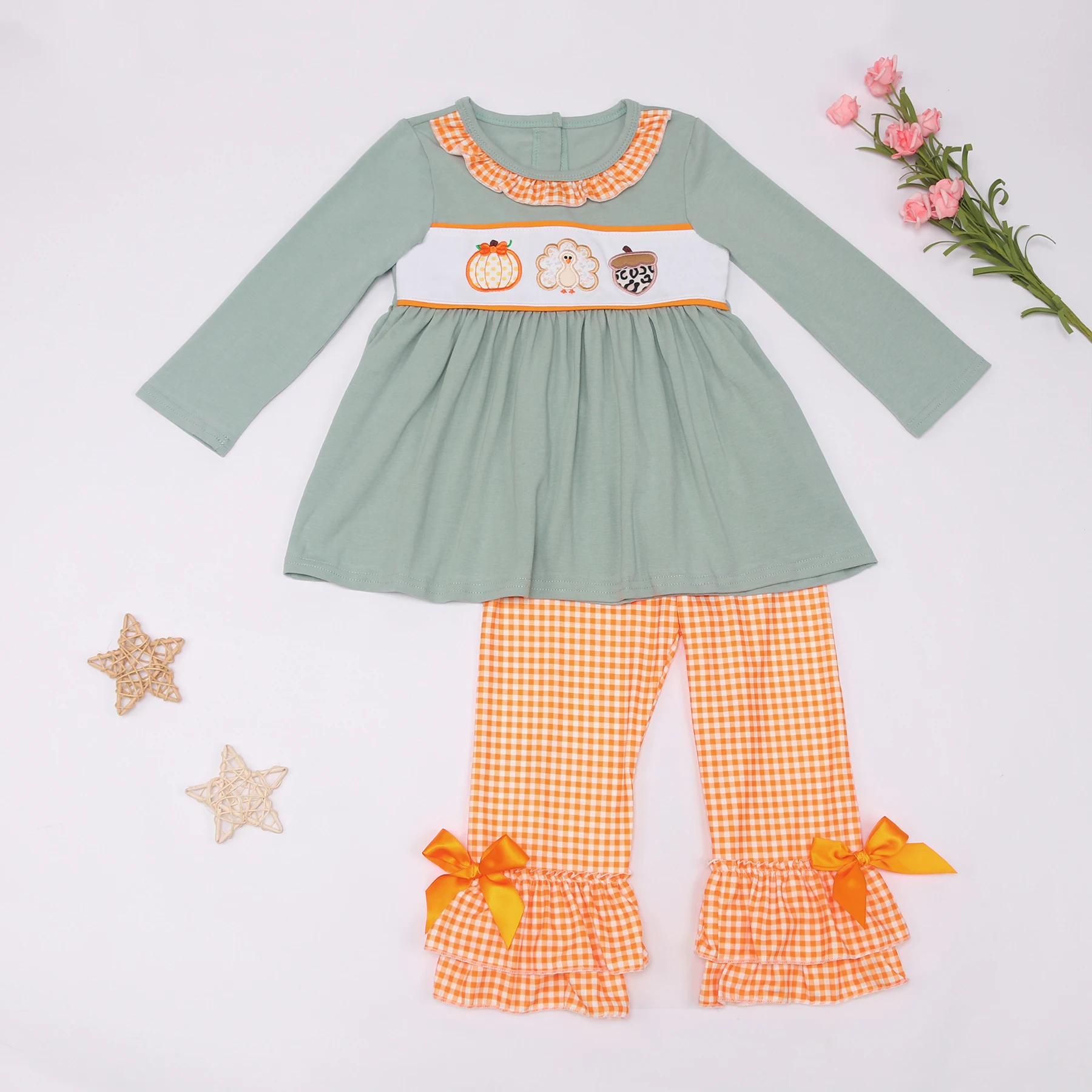 Baby Cotton Long Sleeve T-shirt Set Round Neck Turkey And Pumpkin print Boy Grey Top Clothes And Orange Lattice Pants With Bow