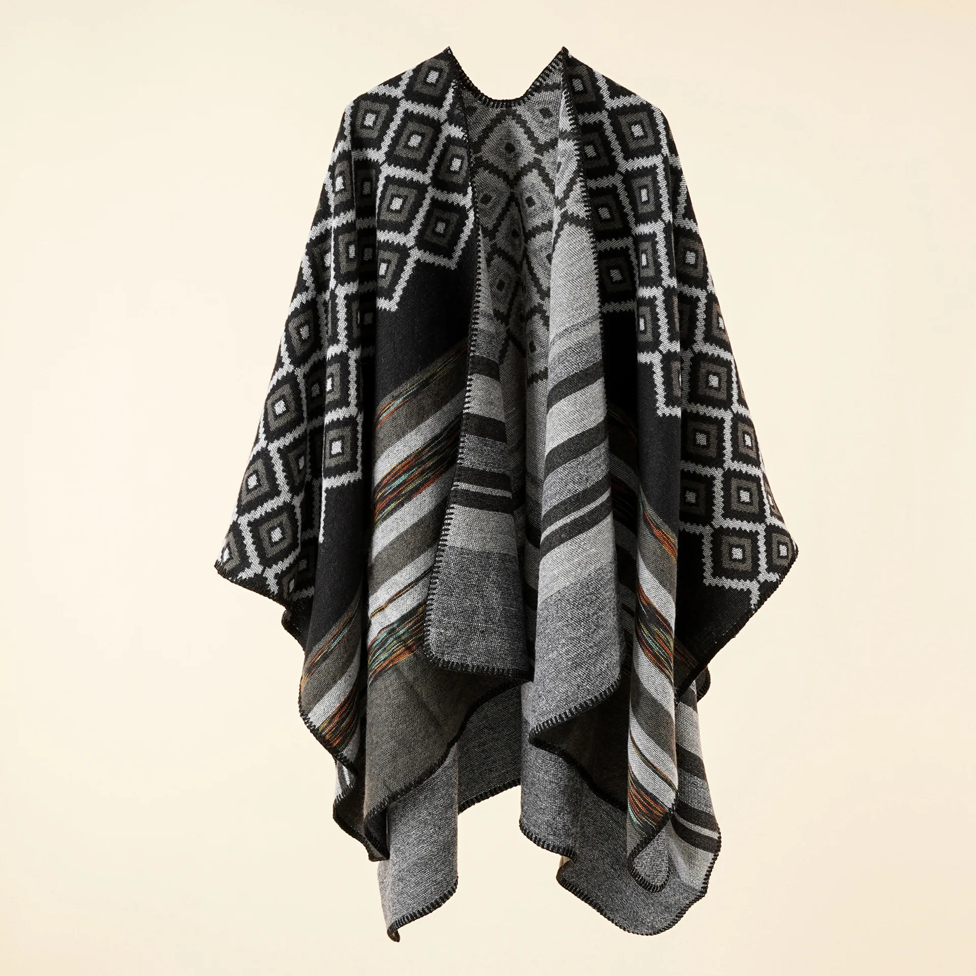 

2022 Autumn Winter New Geometric Stripe Pattern Imitation Cashmere Warm Casual Women Shawl Poncho Capes Lady Coat Black