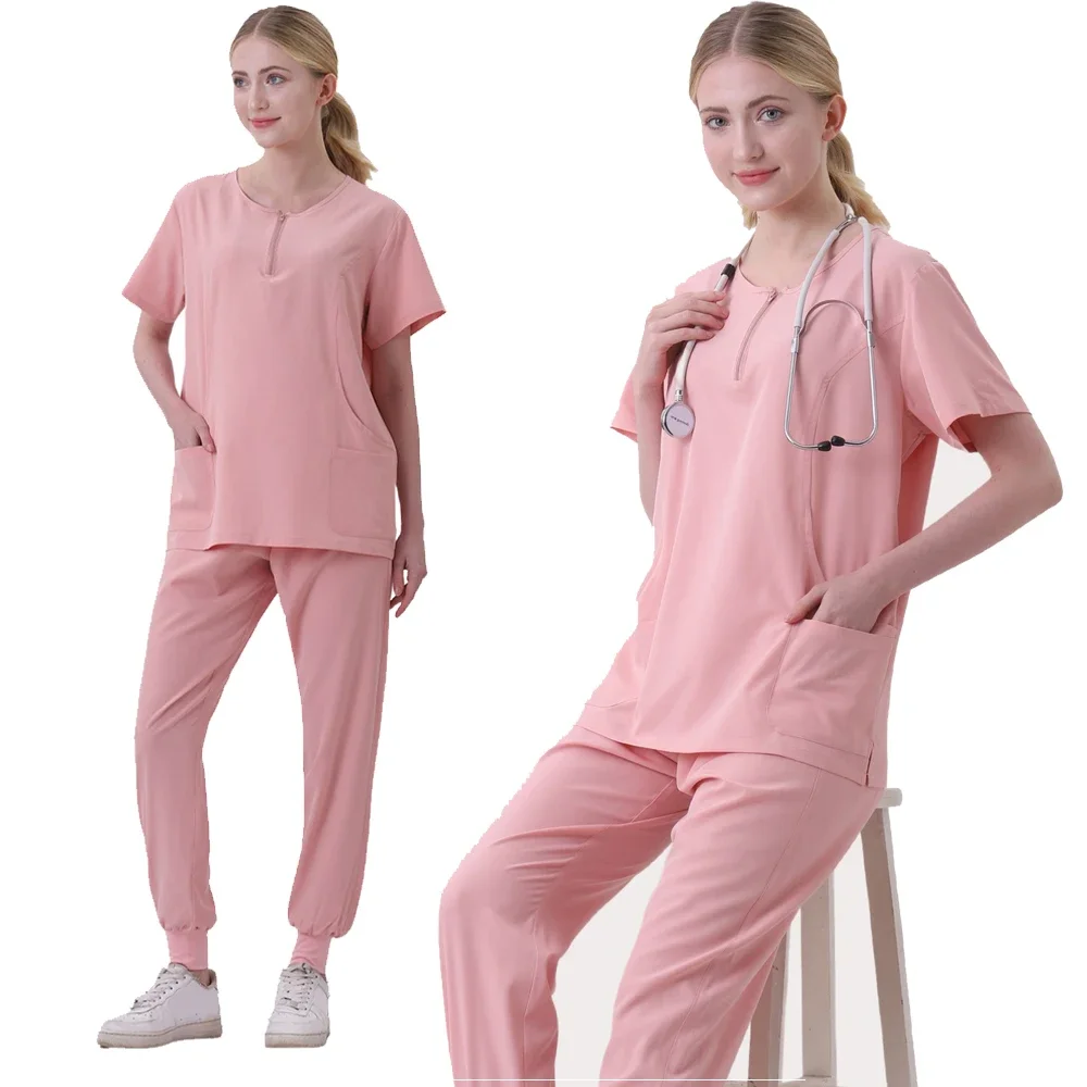Conjunto Uniforme de Esfoliantes Elásticos femininos, Vestidos Cirúrgicos Hospitalares, Tops de Manga Curta, Terno de Calça Bocador, Roupas Médico, Acessórios Médicos