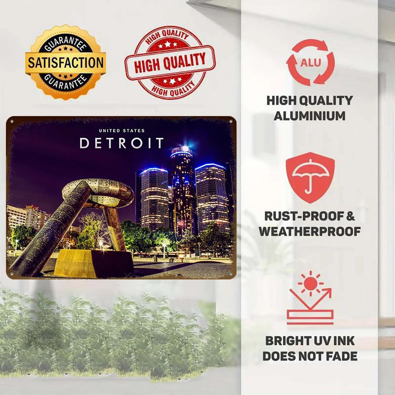 Detroit City Night Poster Customized Vintage Metal Signs Wall Art Retro Tin Plaque for Gaming Room Decoration Cozy House Home