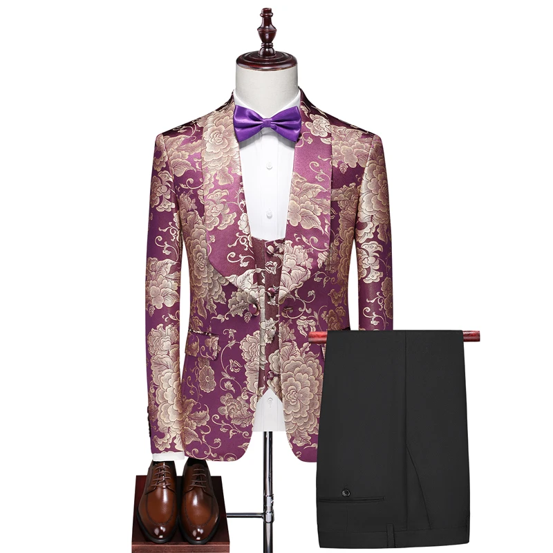 6xl Large Size Luxury Elegant 3-piece Mens Suits Banquet Party Wedding Dress Purple Beautiful Flowers Printed Gentlemen Costume