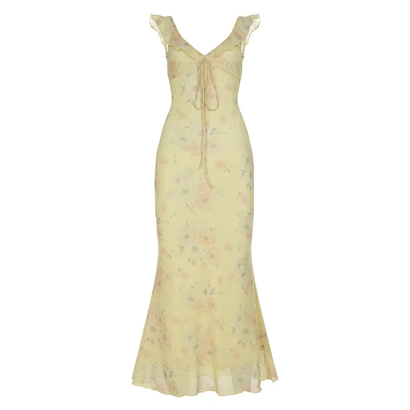 2025 Floral Print Sundress with Ruffle Trim Sweet V Neck Sleeveless Flowy Long Dress for Women Beach Vacation Travel Outing