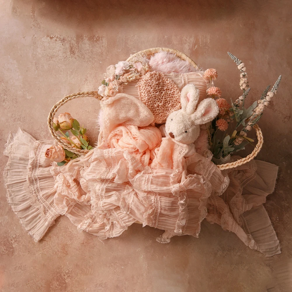 Pink Theme Baby Photography Props Newborn Photo Lace Pillow Mesh Wrap Cute Rabbit Doll Studio Shoot Background Accessories