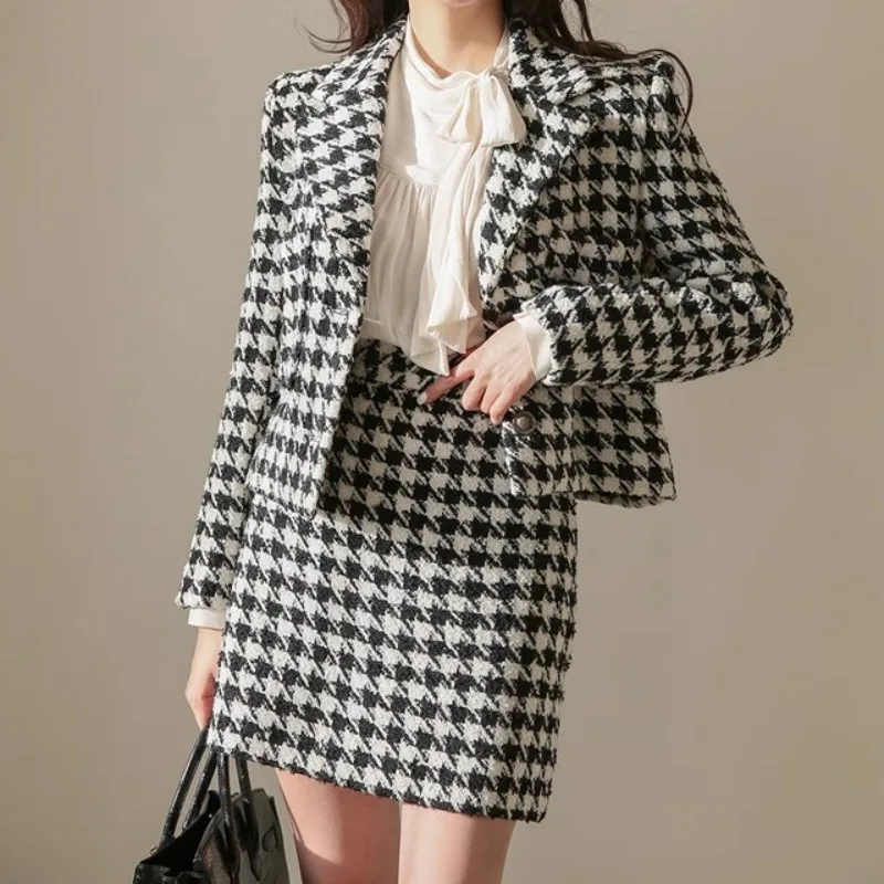 

Chic Houndstooth Tweed Two Piece Sets Women Korean Elegant Blazer and Skirts Office Lady Streetwear Skirt Sets Business