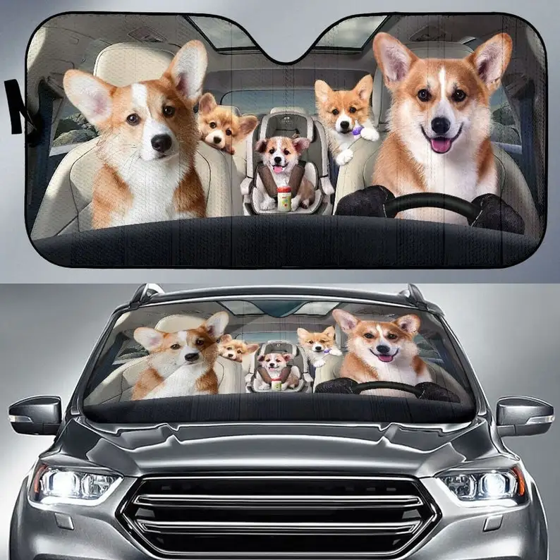 Corgi Family Funny Safe And Driver Auto Sun Shade Personalized Sunshade, Custom Animal Pattern Sunshade,STYLE FOR CAR