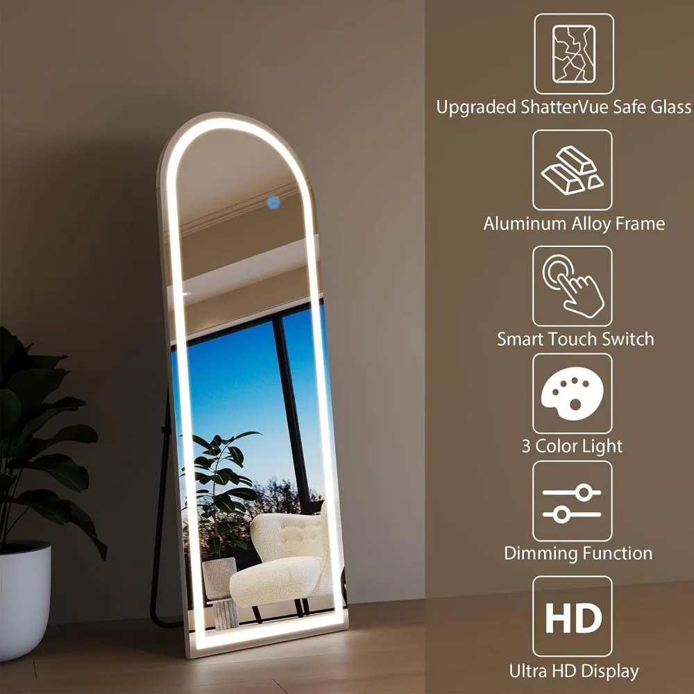 Gewölbter Bodenspiegel in voller Länge mit dimmbaren 3-Farben-Lichtern, 56 x 20 Zoll, stehender Lean-In-Ganzkörperspiegel